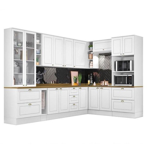 Cozinha Completa de Canto Americana 10 Peças Branco Tampo Nature - Móveis Henn Branco