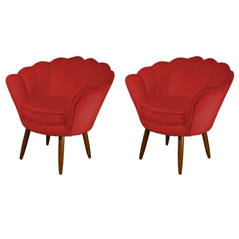 Kit 2 Poltronas Decorativa Pétala Couro Vermelho Pés Madeira Ms Decor