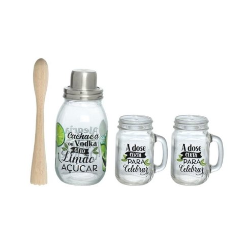 Kit 4 Peças Caipirinha Coqueteleira Completa Vidro Transparente com Copo Aço Inoxidável