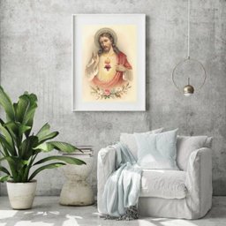 Quadro Arte Sacra Sagrado Coração de Jesus Vintage - 60x48cm:madeira Branca - 1