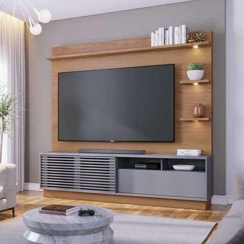 Estante para Tv até 70 Pol com Led e Ripado 200x180cm Campeche Freijó Cinza