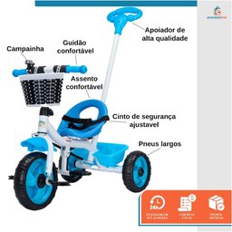 Triciclo Infantil com Empurrador Crianças 3 Rodas Pedal Flex Azul - Baby Style - 3