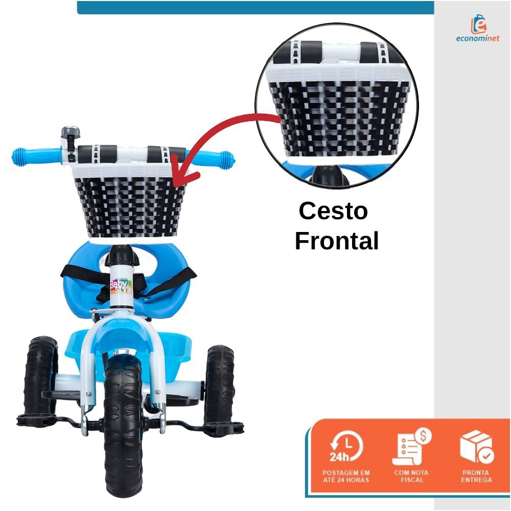 Triciclo Infantil com Empurrador Crianças 3 Rodas Pedal Flex Azul - Baby Style - 4
