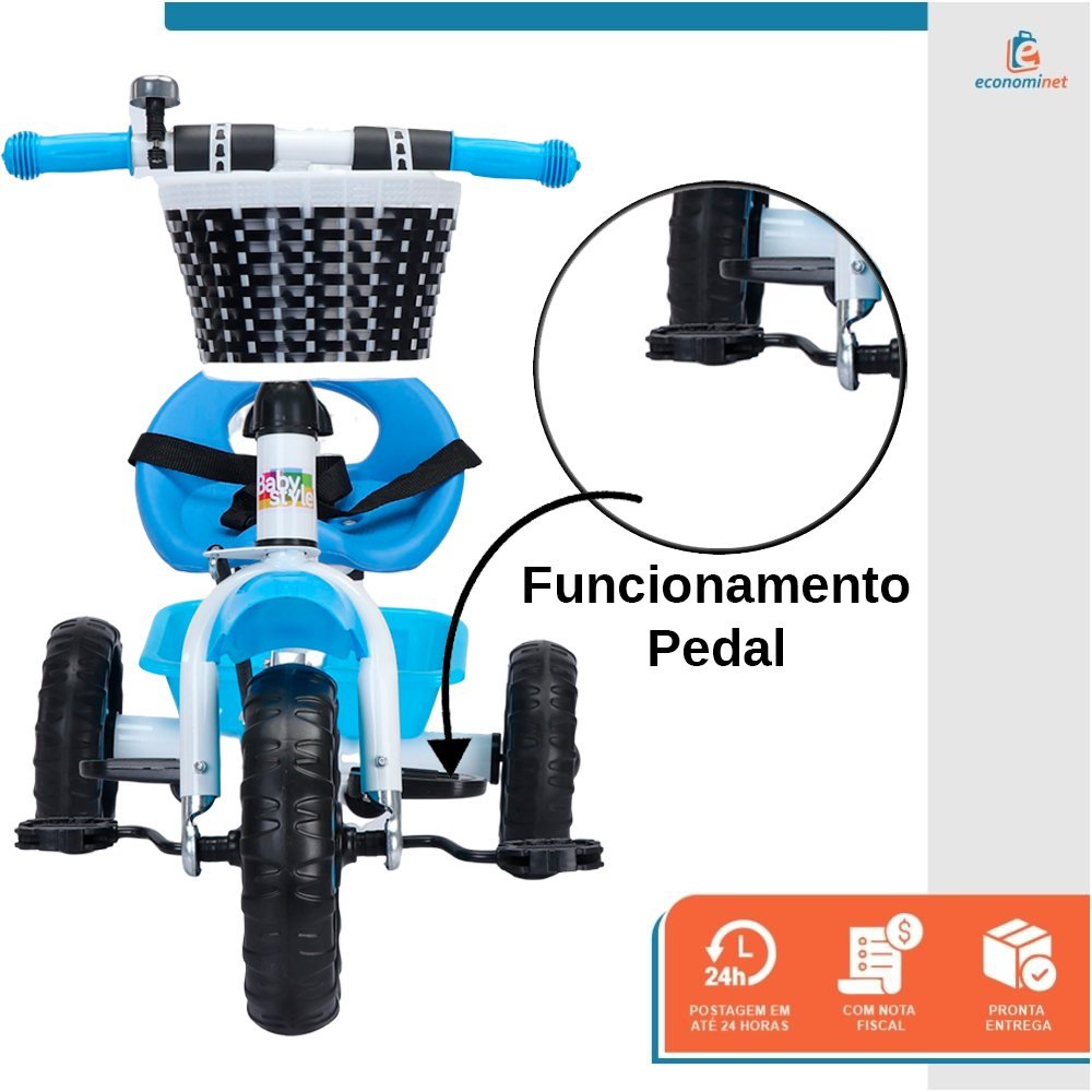 Triciclo Infantil com Empurrador Crianças 3 Rodas Pedal Flex Azul - Baby Style - 5