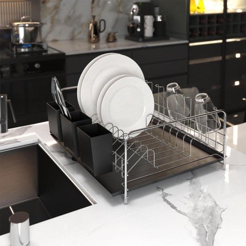 Escorredor de Louça com Bandeja e Porta Talheres de Plástico - Stolf Preto