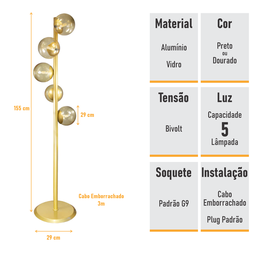 Abajur Coluna Piso Figo Ouro com Globo de Vidro Ambar - 7