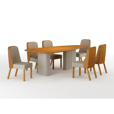 Conjunto Sala de Jantar Ísis 2,00m com 6 Cadeiras Tampo Orgânico s/ Vidro Cinamomo Off White/Sintéti