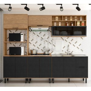 Cozinha Modulada Completa MDF 5 Peças Lombardia com Porta de Vidro - cor Freijó Nero