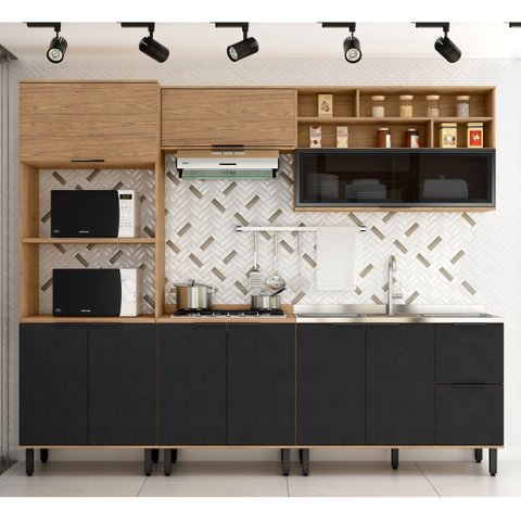 Cozinha Modulada Completa MDF 5 Peças Lombardia com Porta de Vidro - cor Freijó Nero