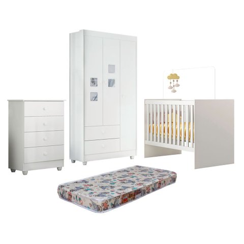 Quarto de Bebê Berço com Colchão Cômoda Soft e Guarda Roupa 3 Portas Life Tigus Baby
