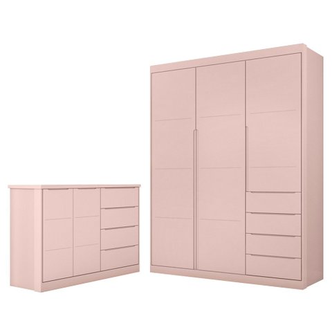 Jogo de Quarto Infantil Guarda Roupa 2 Portas e Cômoda 4 Gavetas Lua P04 Rose - Mpozenato