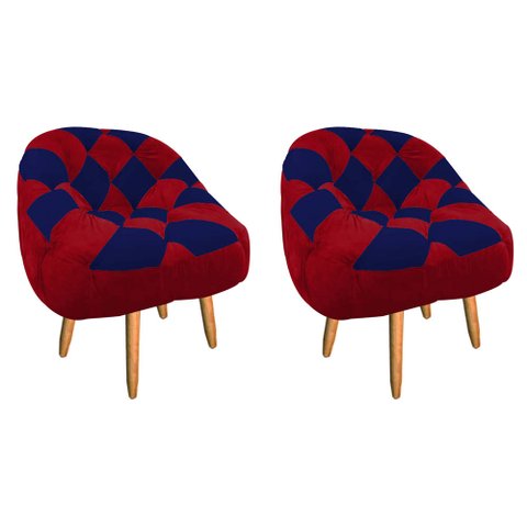 Kit 02 Poltrona Paloma Escritório Sala Pé Palito Suede Vermelho e Suede Azul Marinho - Dominic Decor