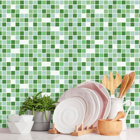 Papel de Parede Adesivo Pastilha Tons Verde e Branco 5m