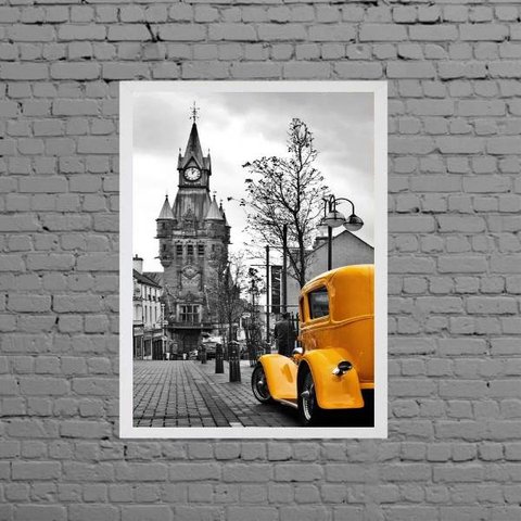Quadro Carro Amarelo Londres 24x18cm - com vidro:Madeira preta