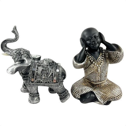Kit de Decoração com Buda Surdo e Elefante Energia Positiva
