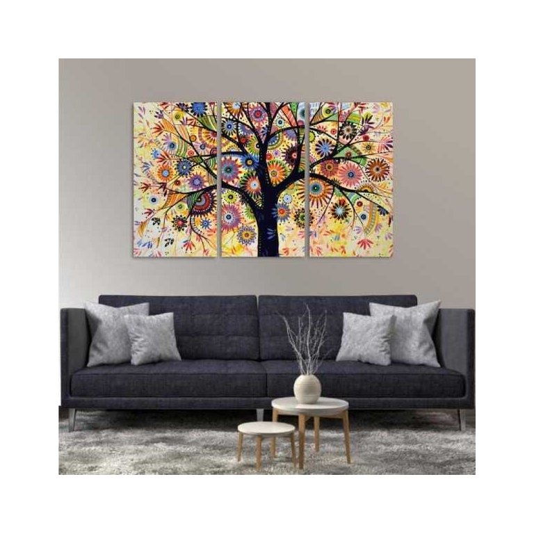 Quadro Árvore Abstrata Colorida Decorativo em Tecido 3 Peças
