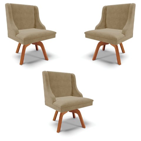Kit 3 Cadeiras Decorativas Sala de Jantar Base Giratória de Madeira Firenze Suede Nude/Natural G19 -