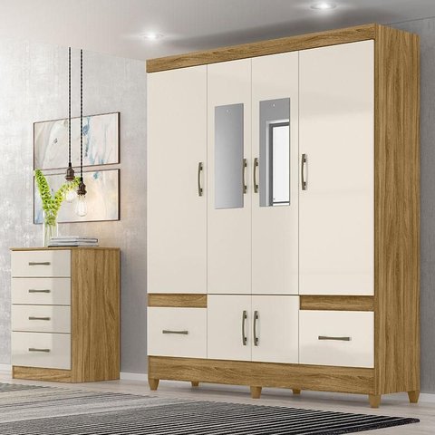 Guarda Roupa Casal Ambiente Ms912 com Espelho e Cômoda Ms913 Freijó Off White – Moval