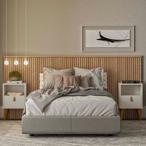 Cabeceira Ripada Casal Queen com 2 Mesas Búzios Laranjeiras Linea Brasil - carvalho/off White