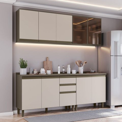 Cozinha Compacta Connect 10 Portas 2 Gavetas 100% MDF com Vidro Reflecta Duna/Cristal - Henn