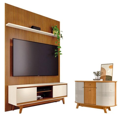 Estante Home Theater com Bancada Suspensa Milo com Aparador para Sala Buffet Monza Cinamomo Off Whit