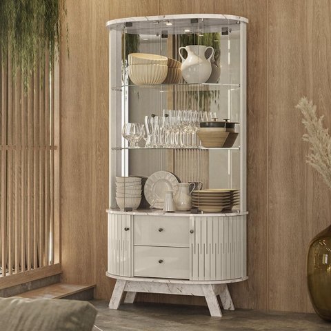 Cristaleira com Espelho Led 4 Portas 2 Gavetas Moss - Calacata/off White