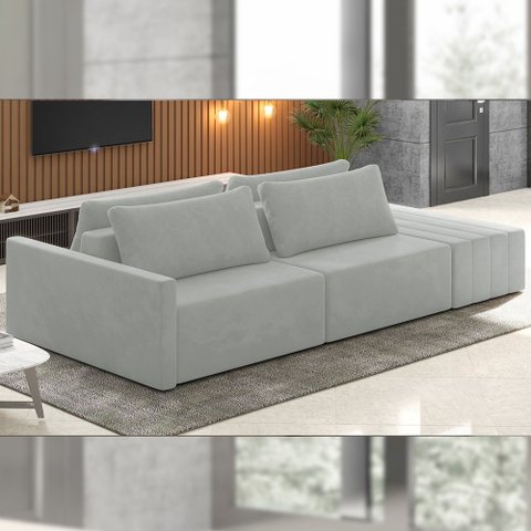 Sofá Ilha Modulado Milos 252cm Puff Lateral Veludo Cinza G33 - Gran Belo