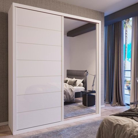 Guarda Roupa Solteiro Titan C- Espelho 2 Portas de Correr 2 Gavetas MDF Branco Bom Pastor Móveis