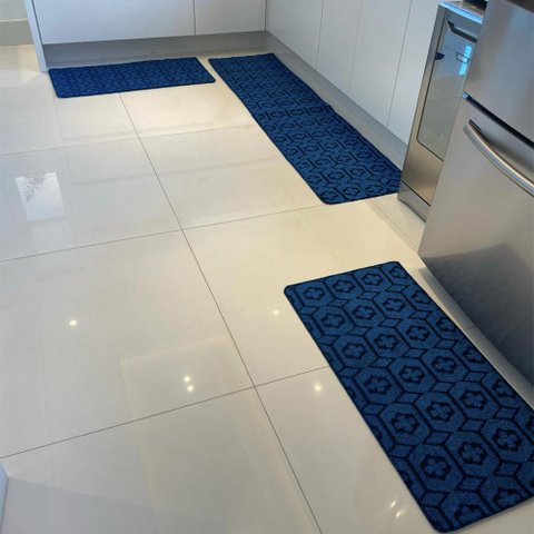 Kit Jogo de Cozinha Carpete Geométrico Elegante 3 peças - Cor Azul