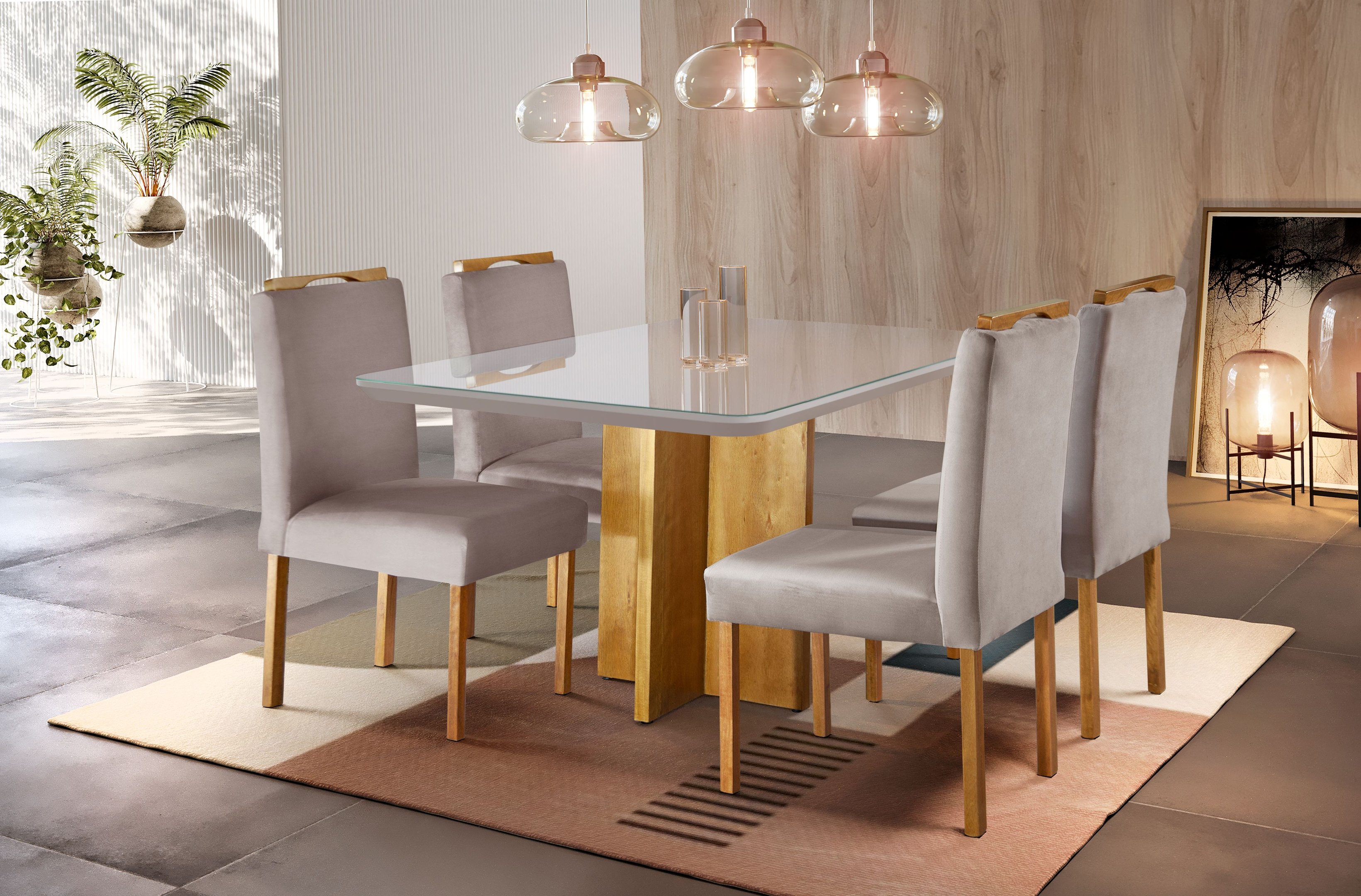 Conjunto Sala de Jantar Roma Mesa e Cadeiras Bege Madeira Maciça