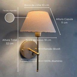 Arandela de Parede Clássica com Interruptor Dourado e Cúpula Bege com Lâmpada Branco Quente - 3