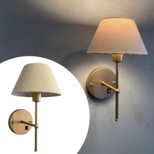 Arandela de Parede Clássica com Interruptor Dourado e Cúpula Bege com Lâmpada Branco Quente