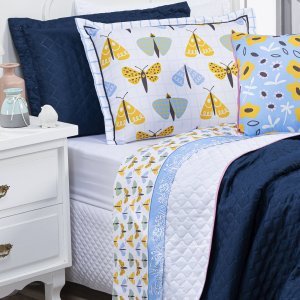 Jogo de Cama Borboletas Branco/azul Queen 04 Peças - Percal 180 Fios Dourados Enxovais