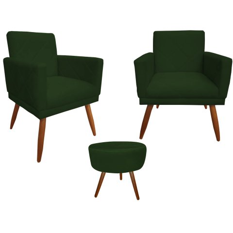 Kit 2 Poltronas Decorativa Nina Riscado + Puff Redondo Suede Verde Pés Madeira Ms Decor