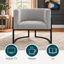 Ver imagem 3 de Poltrona Decorativa Luna Bouclé Premium para Sala Escritório Recepção Base Circular em Ferro Madeira