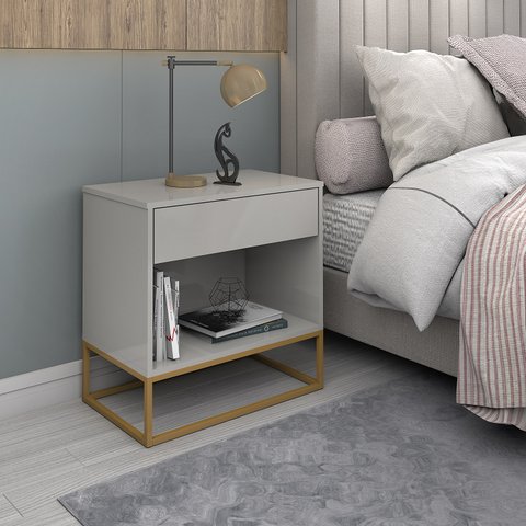 Mesa De Cabeceira Malta Off White Pés em Ferro Estilo Industrial Dourado