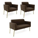 Ver imagem 1 de Sofá Namoradeira e 2 Poltronas Pé de Ferro Dourado Marisa Suede Marrom D03 - D'Rossi