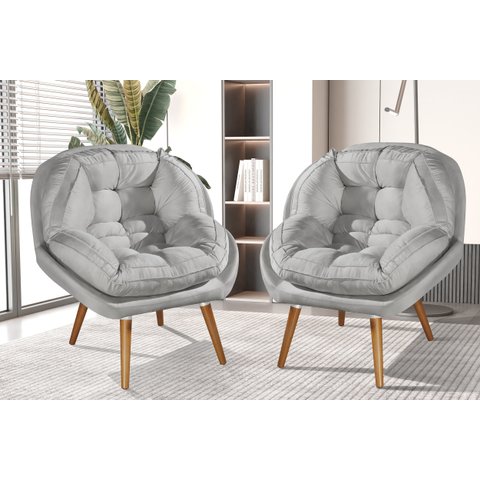 Conjunto 2 Poltronas Sênior Suede Premium Pés de Madeira:cinza