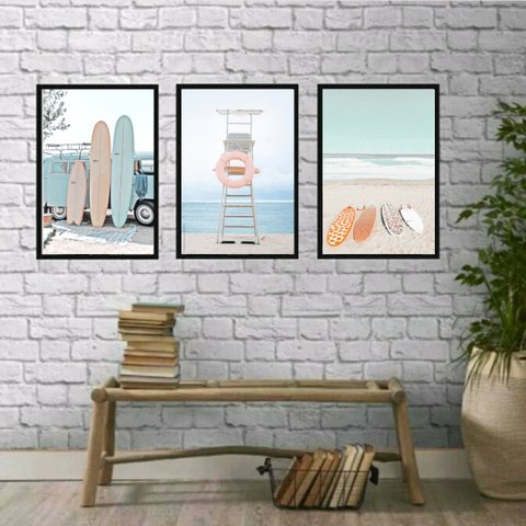 Kit 3 Quadros Decorativos Fotografias Praia relax 45x34cm - com Vidro:madeira Branca