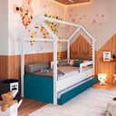 Ver imagem 1 de Cama Infantojuvenil Casinha com Auxiliar e 2 Colchões Branco Azul Secreto Sonho Completa Móveis