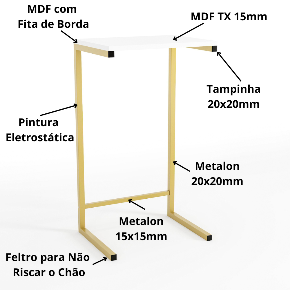 Mesa Lateral para Sofá com Estrutura de Metal 72x40x30 Dourado Mdf/branco - 5