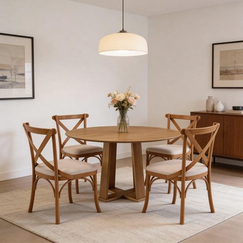Mesa de Jantar Redonda Belly 117cm Ypê N01 com 4 Cadeiras Ávila Suede Bege - Lyam Decor