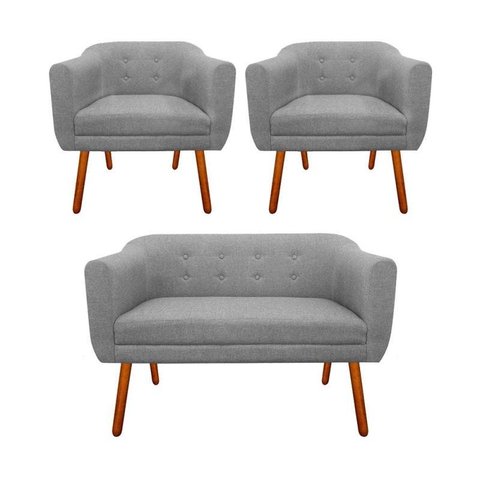 Kit Sofá Retrô Namoradeira e 02 Poltronas Decorativa Julia Linho Cinza A26 - D'Rossi