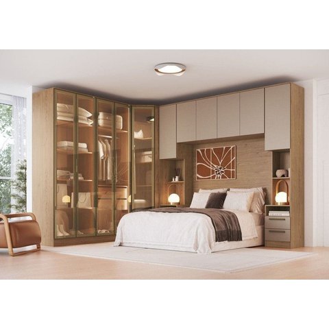 Guarda-Roupa Conjunto Modulado Completo Casal 7 Peças Vidro Reflecta LED 100% MDF