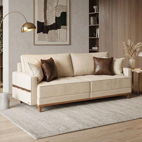 Sofá Living 3 Lugares 240cm com Almofadas Decorativas Base Madeira Maciça Mauá