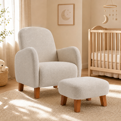 Poltrona Amamentação Viena com Puff Boucle Macio Quarto Bebe:Bege