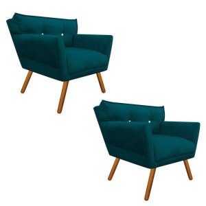 Kit 2 Poltrona Decorativa Anitta Suede Azul Pavão Strass - D'rossi
