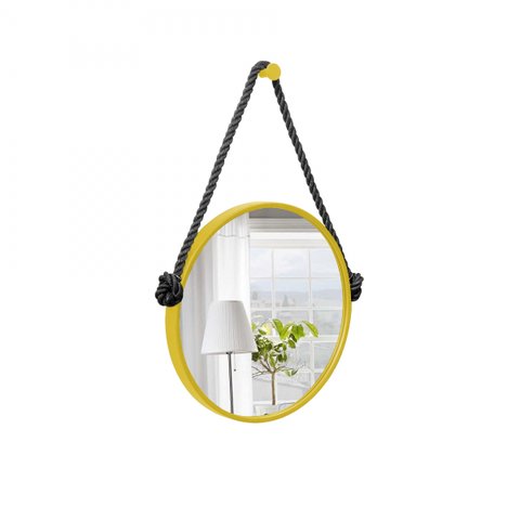 Espelho Decorativo Adnet Amarelo Alça Corda Naval Preta 50cm Redondo