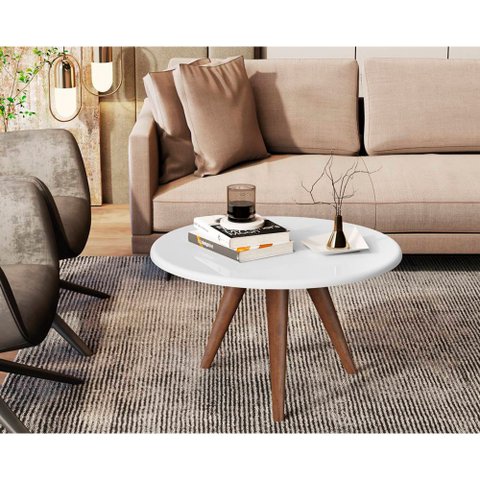 Mesa de Centro Redonda para Sala de Estar Retrô com Pés Palito Lívia Branco