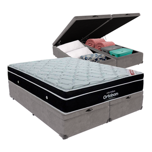 Cama Box Baú Bipartido Casal Cinza e Colchão Elegant Superpocket Molas Ensacadas Ortobom